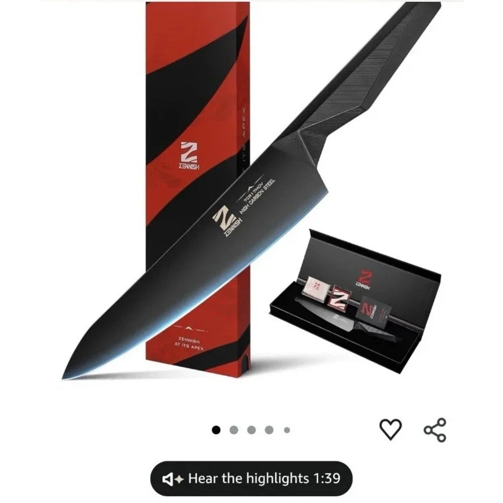 Zennish 8-Inch Black Titanium Coated Chef's Knife G10 Handle with Gift Box